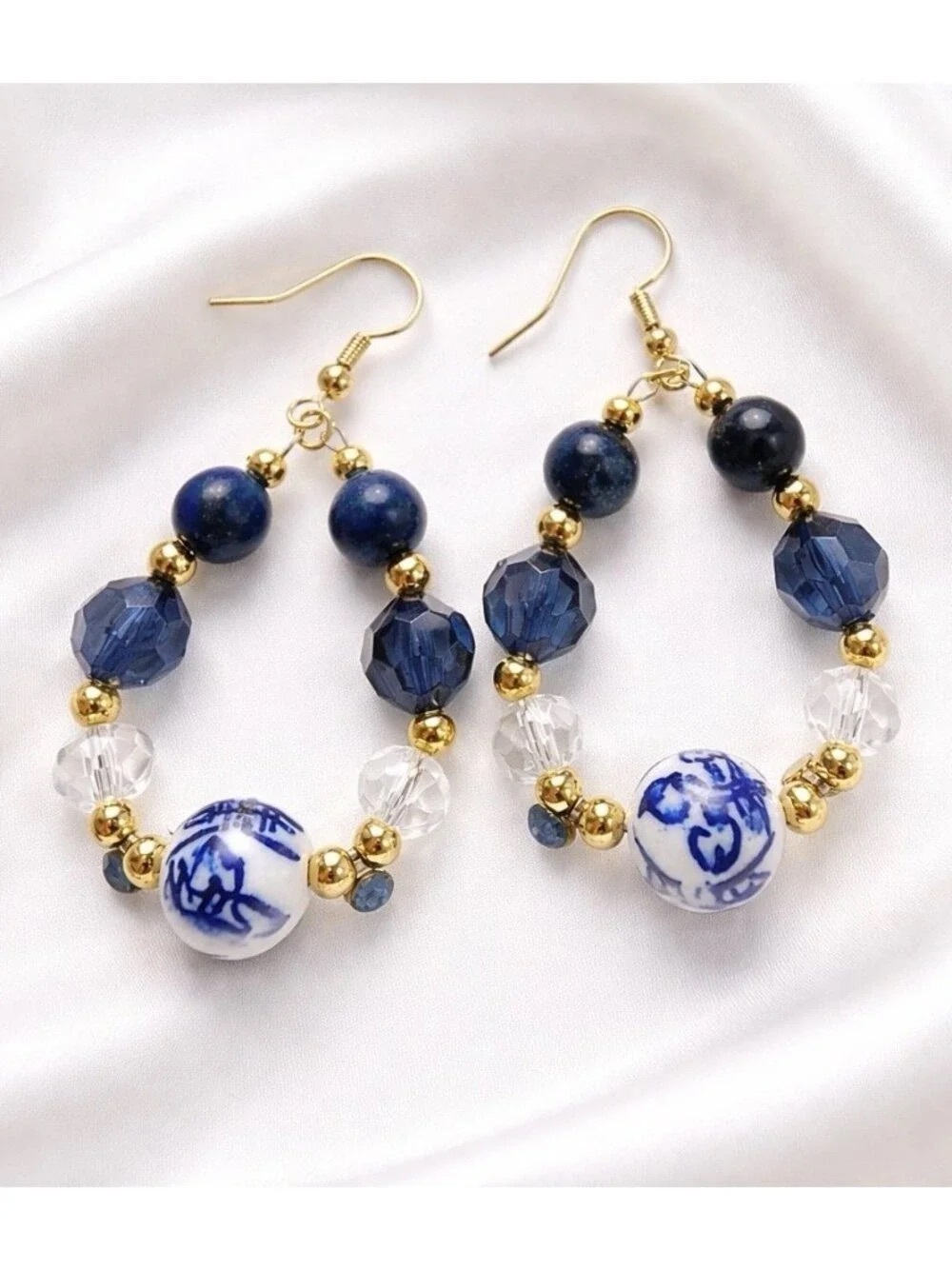 Handcrafted Blue Porcelain & Crystal Bead Hoop Earrings